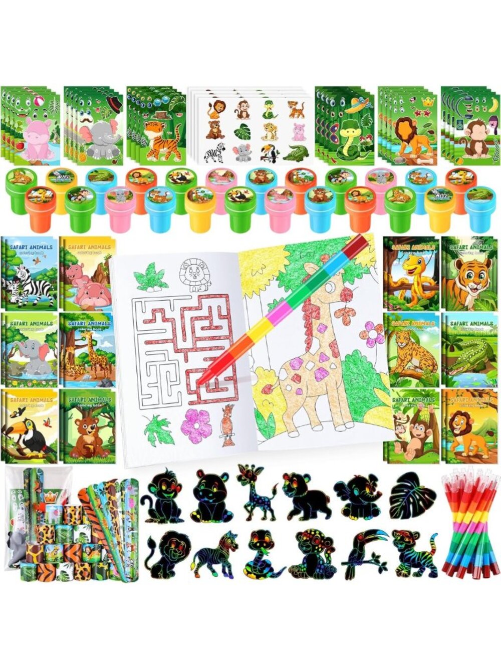192Pcs Jungle Safari Party Favors Set - Zoo Animals, Coloring Books, Crayons